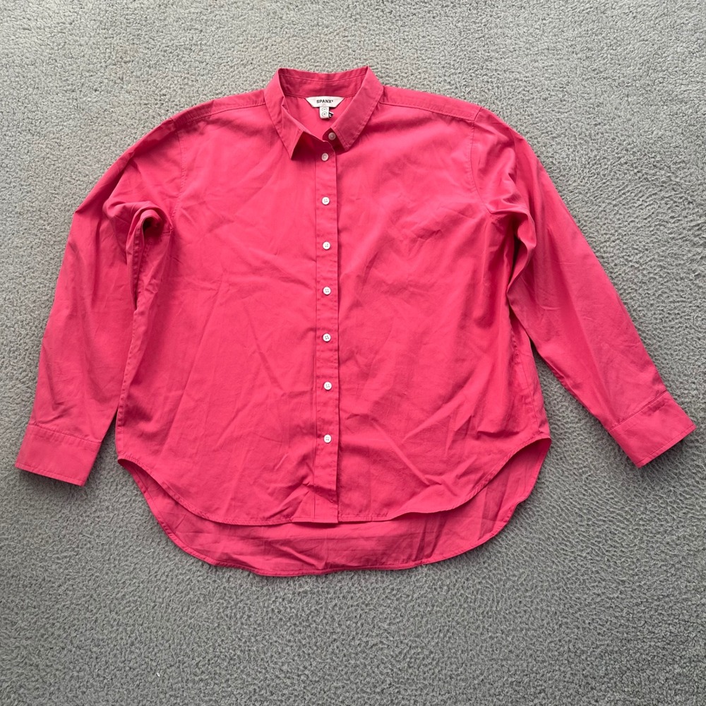 Spanx Poplin Oversized Button Up Shirt Pink 100% Cotton Size Medium